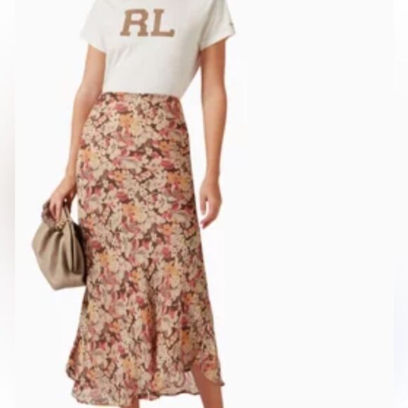 Polo Ralph Lauren Aja Floral Print Fall Brown Midi Skirt 00 $ 498.00 NWT - Picture 6 of 8